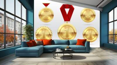 gold medal. number 1 golden medals with red award ribbons. first placement winner trophy prize. vect Wall mural