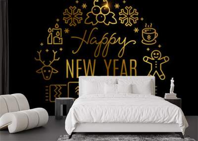 Gold New Year vector banner with line icons. New year badge in linear art style illustration Wall mural