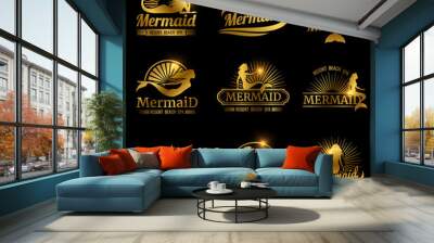 Golden mermaid labels. Shiny resort beach spa logos design Wall mural