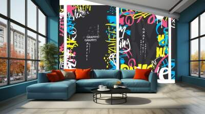 Graffiti posters. Street walls art banner, marker ink paint urban design. Neon colors drawing, spray and scribble elements. City style neoteric vector background Wall mural