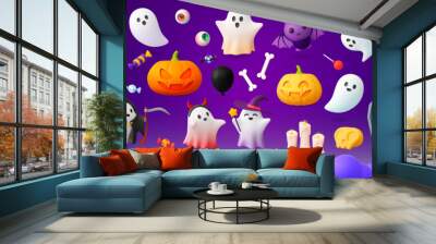 Halloween 3d elements. Horror mystery cartoon ghosts, pumpkin and bat. Monster characters, witch hat and candy render. Party pithy vector plasticine elements Wall mural