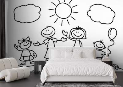 Hand drawn stick figure happy family. Vector illustration Wall mural