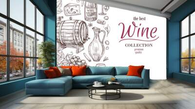 Hand drawn wine background. Wine bottles wineglass cask and grape border. Winery, restaurant vector menu template. Illustration of wine menu, bottle and cask Wall mural