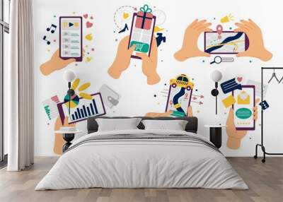 Hands holding smartphones. Phone money wallet, isolated hand use touch screen of phones. Message send, mobile navigation and online store, decent vector concept Wall mural