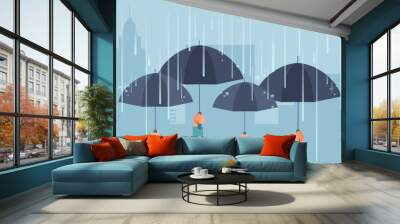 Hands holding umbrellas while thunderstorm. Vector safe cartoon business concept Wall mural