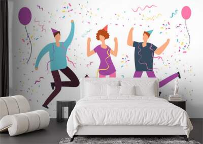 Happy jumping people with falling confetti, balloons at fun birthday party. Friends celebrating event. Vector flat characters isolated Wall mural