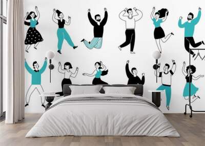 Happy people jumping. Smiling fun boy, isolated casual young man. Happiness lifestyle, business persons group jump decent vector illustration Wall mural