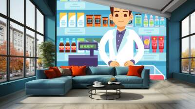 Happy young man pharmacist sells medications in pharmacy or drugstore. Pharmacology and healthcare vector concept Wall mural