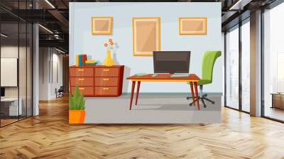 Home office interior. Room background, flat contemporary living area design. Modern cabinet, workplace furniture with laptop recent vector scene Wall mural