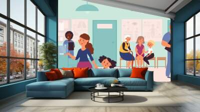 Hospital visiting. Waiting line, clinic interior and patients. Medical staff, flat doctor at reception. People in medicine decent vector illustration Wall mural