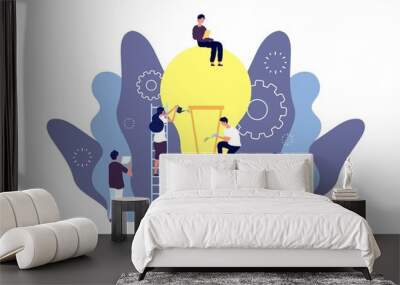 Idea grows concept. Team grows business idea vector illustration. Creative men women characters, lamp bulb in pot. Collaboration teamwork startup. Innovation startup idea, business team and teamwork Wall mural