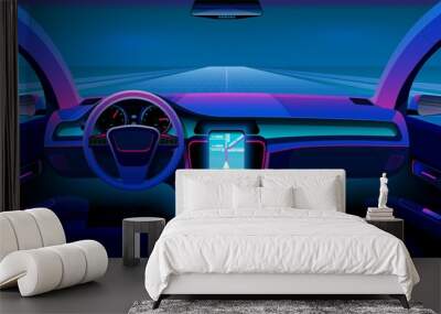 Inside futuristic car. Neon auto, modern interior and road grid. Driverless vehicle on night traffic vector background. Illustration self-driving futuristic interior dashboard Wall mural