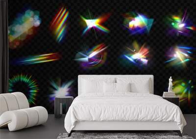 Iridescent flare, glowing sparkles, prism effect. Optical spectrum light, gemstone, diamond or rainbow reflection. Pithy vector bright rays set Wall mural