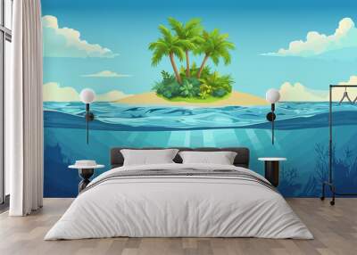 Island with palms on the ocean landscape. Water surface line with ripples and glare in the middle. Underwater reef down with sun light reflection. Nature scene. Vector cartoon style illustration Wall mural