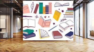 Isolated doodle books. Sketchy book stack, colorful notebook and dictionary. Kids library, read time. Pen and pencil, flat school, university education decent vector tool Wall mural