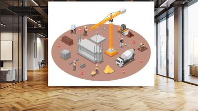 Isometric building construction. 3d scene of workers and special transport, bulldozer and truck crane. Build yard ground, flawless vector scene Wall mural