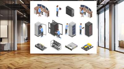 Isometric engineers characters. Data center workers and network administrators. Cloud servers equipment, computers and tools, flawless vector set Wall mural