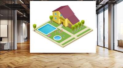 Isometric family country hotel vector location. Illustration family rest near pool 3d Wall mural