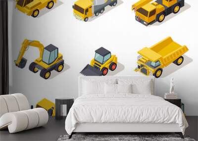 Isometric industrial machinery. 3d construction equipment truck vehicle power tools heavy machine excavator bulldozer map vector set. Illustration of bulldozer machinery, machine construction Wall mural