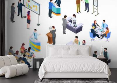 Isometric meeting. Business people on presentation conference. Team work process at table. 3d businessmen training vector set. Isometric meeting and conference people illustration Wall mural