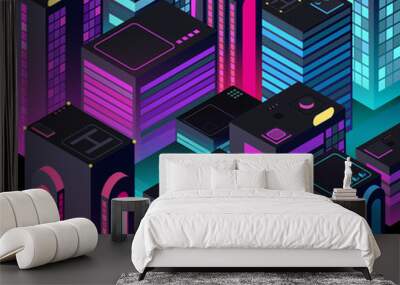 Isometric night city. 3d illuminated buildings. Future urban landscape. Vector illustration. Night skyscraper cityscape, bright downtown Wall mural