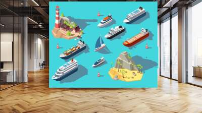 Isometric ships. Boats and sailing vessels, ocean tropical island with lighthouse and beach. 3d vector illustration. Boat nautical, sailboat and yacht in ocean Wall mural