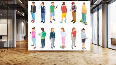 Isometric young people. 3d man speaking smartphone in stylish casual hipster clothes young guys tablets persons phone vector set. Illustration of people with smartphone and other gadget Wall mural