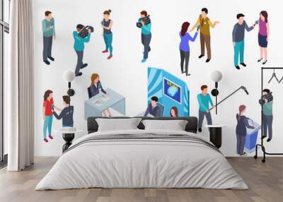 Journalist isometric. Camera man tv crew studio press news broadcast journalists mass media broadcasting radio interview 3d vector set. Illustration of tv reporter isometric, news journalist Wall mural