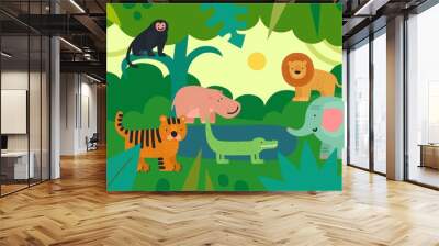 Jungle with animals. Zebra, monkey and hippo, tiger and crocodile, elephant and lion, giraffe with tropical plants. Vector kids background. Jungle life fauna, crocodile and hippo illustration Wall mural