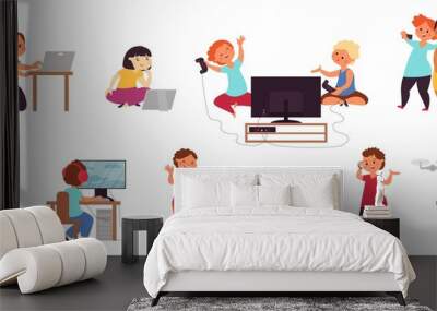 Kid playing computer. Happy friends play games, smartphone gaming. Young phone users, online video or social media addiction decent vector set Wall mural