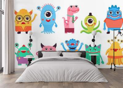 Kids monster collection. Child monster, isolated cartoon aliens characters. Cute ugly comic elements, crazy colorful beast, decent vector set Wall mural