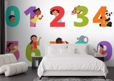 Kids numbers. Children animal on number, colorful dates design. Childish elements for stickers, sale banners, birthday cards decent vector set Wall mural