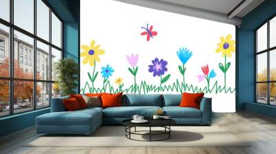 Kids painting flowers. Children hand drawing flower meadow with green grass. Crayons draw seamless border. Childish pastel lawn neoteric vector pattern Wall mural