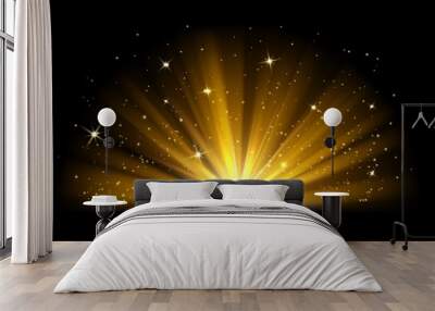 Light effect. Vector shining golden bright light. Gold shine burst with sparkles illustration isolated on black background. Light effect glow, bright gold shine Wall mural