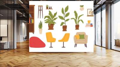 Living room furniture. Scandinavian furnitures, plants in pot, chairs and shelves with book. Isolated bookcase, scandi home accessories vector set. Illustration home interior, furniture to apartment Wall mural