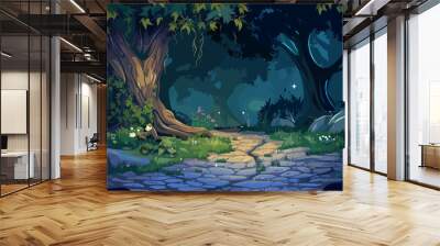 Magic dark forest at night. Lights, tree and flowers, stone road. Fairy tale, magical location for adventure or fantasy travel, vector cartoon illustration Wall mural