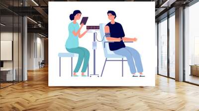 Man medical check up. Heart health, nurse and patient. People in hospital or doctor office vector illustration. Measuring heartbeat, check up and consultation Wall mural