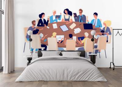 Meeting at table. People discussing ideas and problems in office. Teamwork, brainstorming and business conference vector concept. Illustration office businessman and woman at table Wall mural