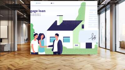 Mortgage loan. People borrower buy home property with bank credit. Young couple with broker, private house owner. Vector landing page mortgage property, credit house illustration Wall mural