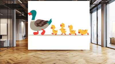 Mother duck and ducklings. Cute baby ducks walking in row. Cartoon vector illustration. Duck mother animal and family duckling Wall mural