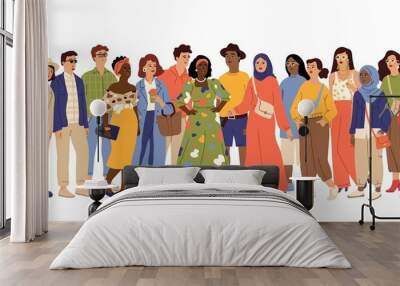 Multicultural people crowd. Diverse person group, isolated multi ethnic community portrait. Adult african european swanky vector characters. Crowd multicultural, woman and man different illustration Wall mural