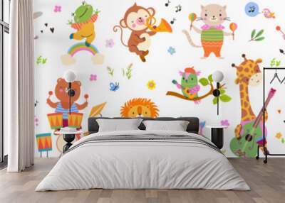 Musical dancing animals, celebration concert. Cartoon animal play musical instruments. Music giraffe, lion, hippo and elephant. Childish nowaday vector collection Wall mural