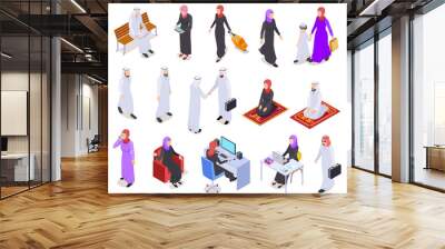 Muslim isometric. Arab 3d people, saudi business woman and man in traditional clothes. Arabian isolated vector characters. Illustration of woman and man, muslim saudi people Wall mural