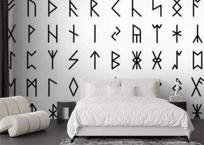 Mystery viking runes, nordic medieval mystical stone symbol. Ancient magic symbols, futhark germanic celtic rune alphabet, decent vector graphic Wall mural