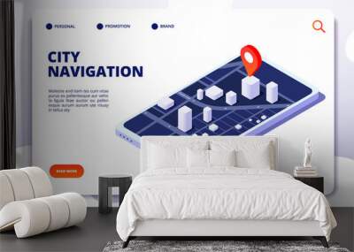 Navigation map isometric concept. Gps location system. Phone tracker with global positioning. Vector landing page navigation gps system, city street on mobile screen illustration Wall mural