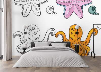 Ocean life coloring page design. Starfish and octopus Wall mural