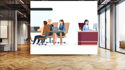 Office workers. Business situations, brainstorming and discussion. Team working, lady boss sitting at desk, managers or team leaders near info board. Cartoon professional vector illustration Wall mural