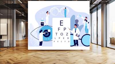 Ophthalmology concept. Ophthalmologist checks patient sight. Optical eyes test, spectacles technology. Vector good vision background. Ophthalmology medicine, optical eyesight examination illustration Wall mural