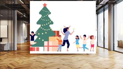 Party in orphanage. Christmas fest, orphan and volunteers. New year time, children in kindergarten gifts. Adults and kids celebrate xmas vector. Illustration xmas celebrate, celebration orphanage Wall mural