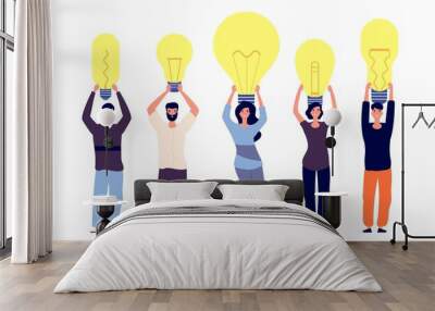 People and ideas. Different persons hold light bulbs vector illustration. Metaphor for uniqueness of thinking, different ideas. Vector happy people characters. Illustration innovation people hold idea Wall mural